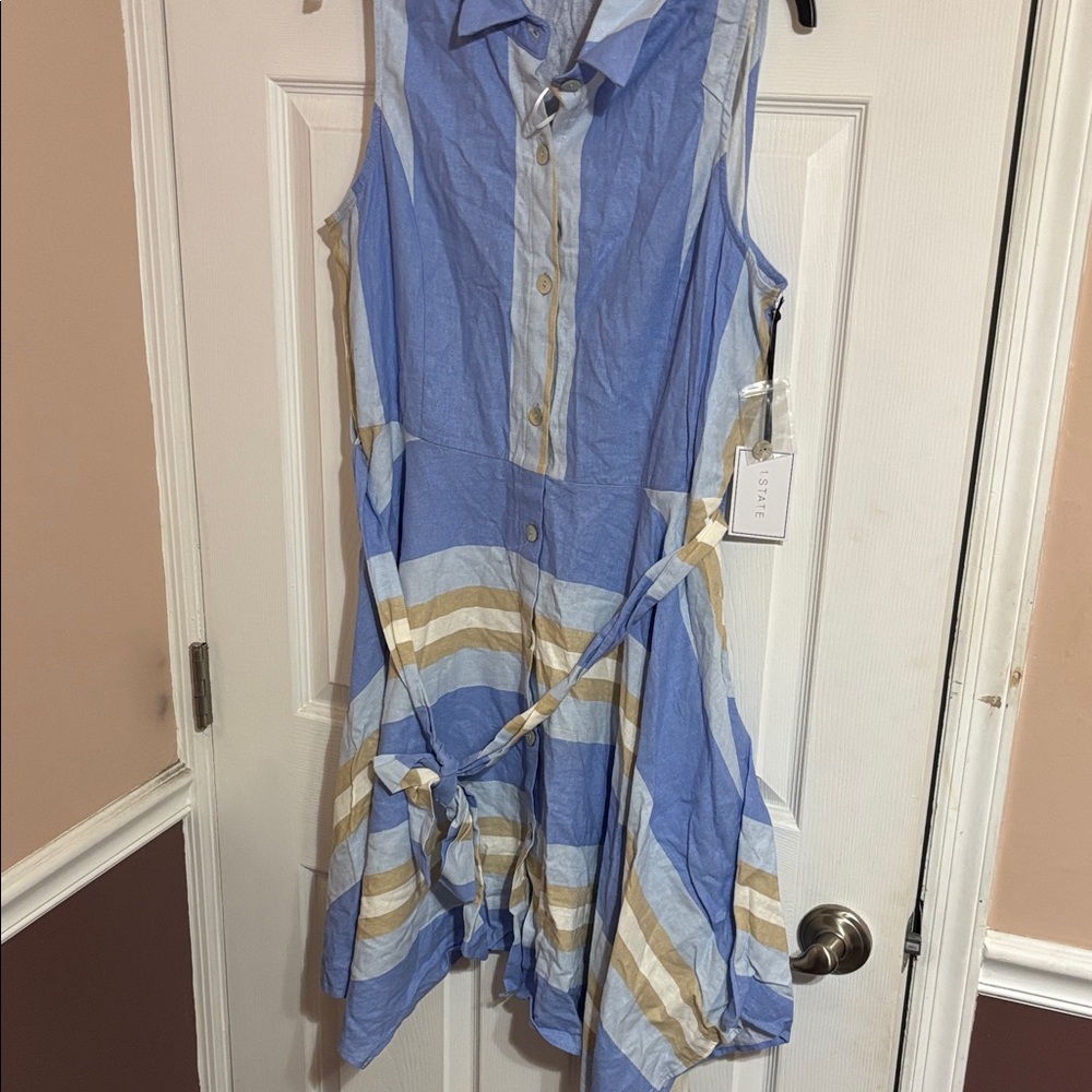 I State Sleeveless Blue and Cream Striped Shirt Dress xl
